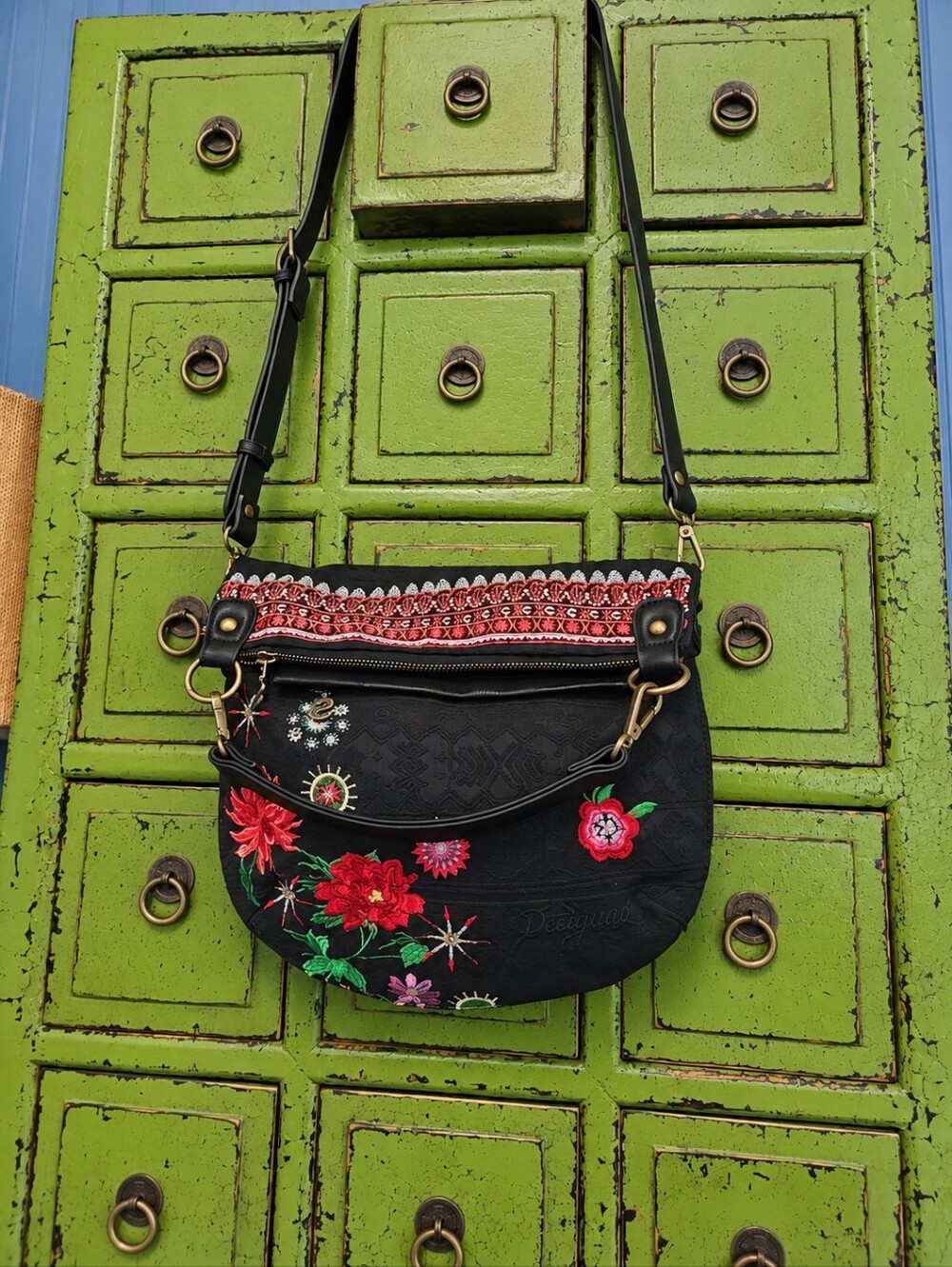 Desigual Black Embroidered Floral Convertible Crossbody Shoulder Bag